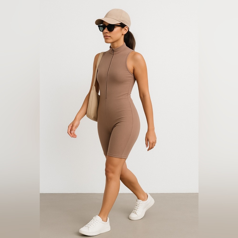 NICHOLAS‎ THE LABEL Paola Mock Neck Front Zipper Romper / Onesie in Nude